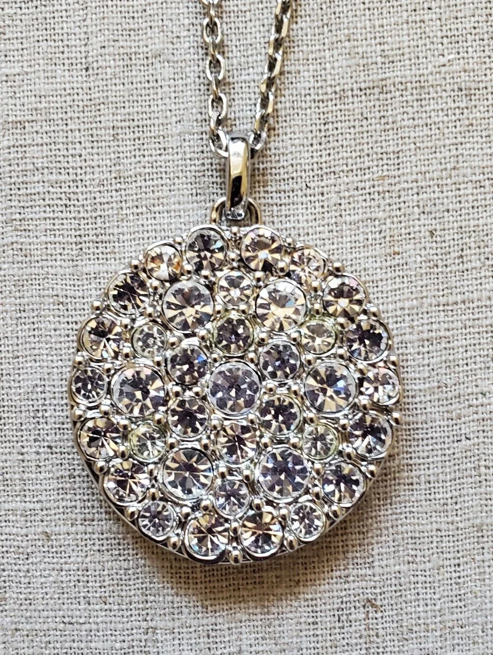 ​White House Black Market Silver Pave Crystal Disc Pendant Long Chain Necklace